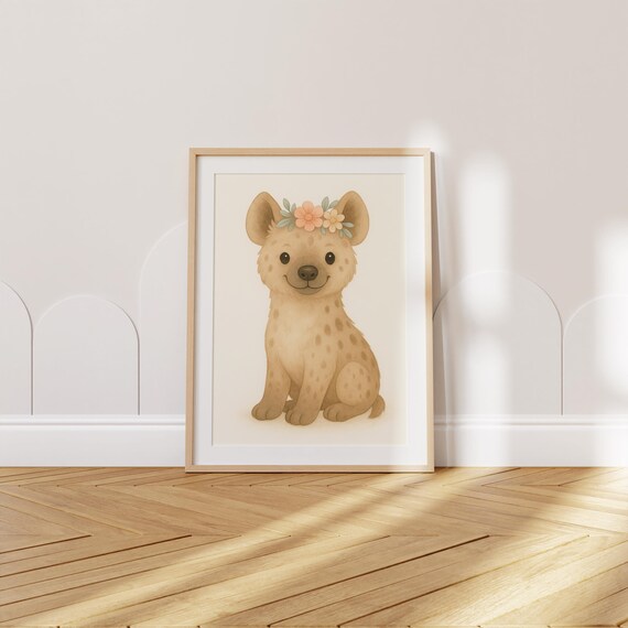 Baby Hyena Wearing Flower Crown Cute Safari Nursery Kids Room Poster