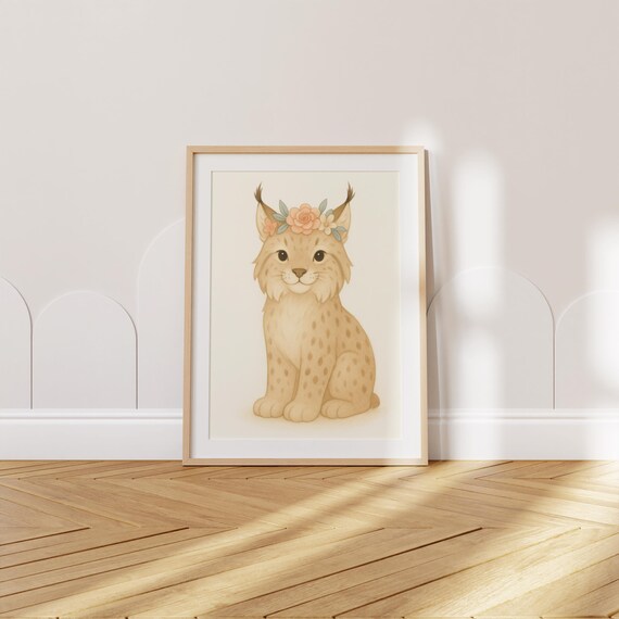 Lynx Nursery Wall Art Baby Room Poster With Flower Crown Boho Animal Print Kids Decor