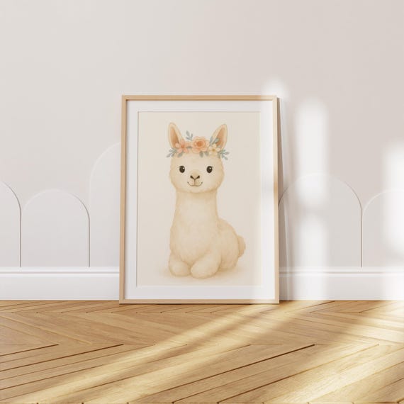 Boho Llama Nursery Print With Floral Crown Baby Girl Room Wall Art Animal Poster Kids Decor Instant