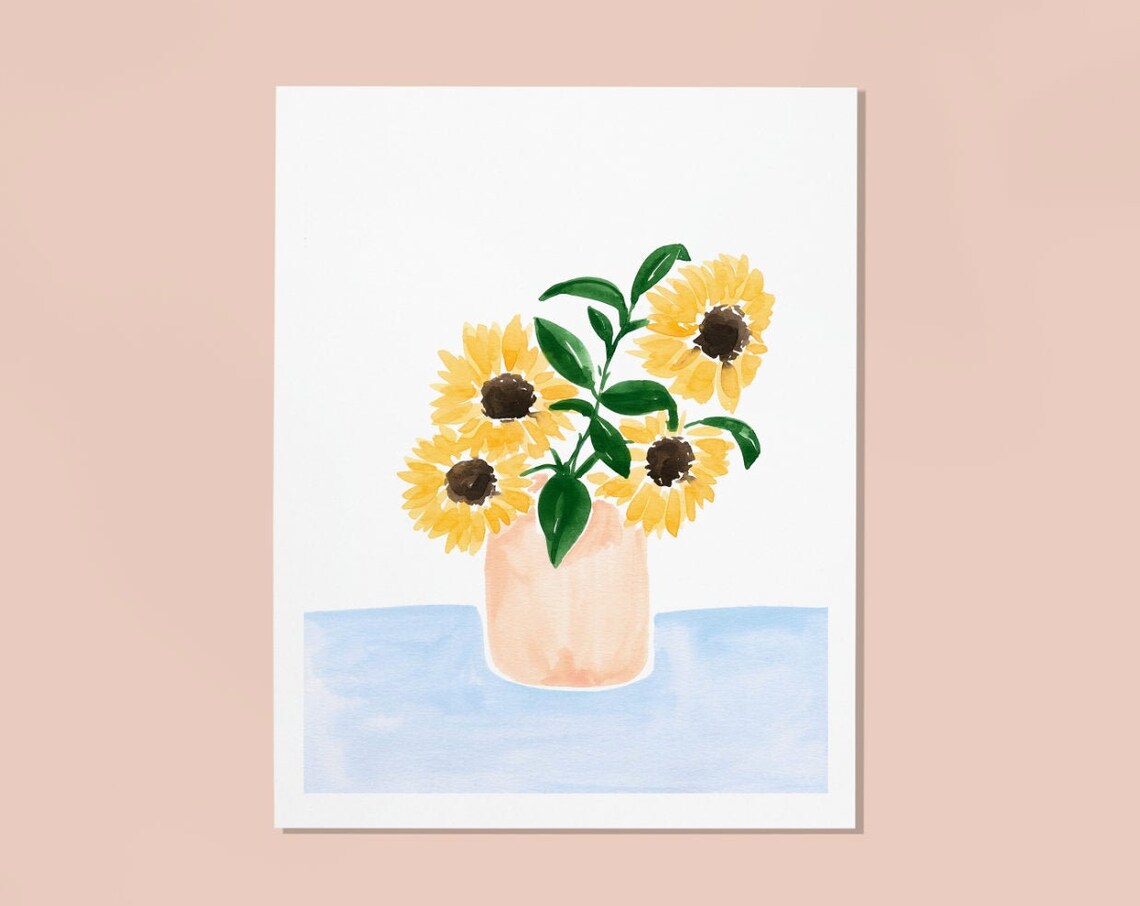 Sunflowers in a Vase, Gouache Floral Art Print