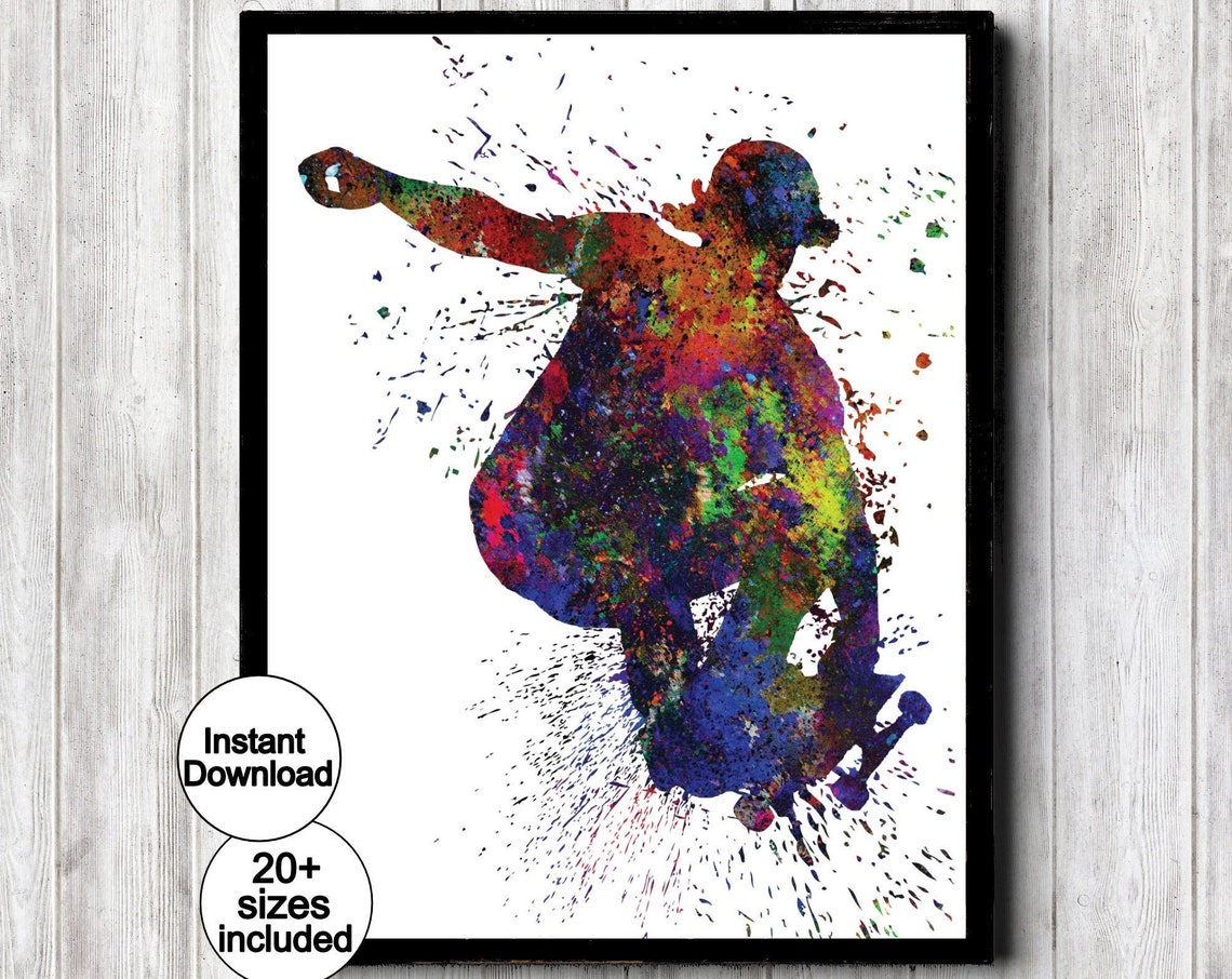 Skateboarder Mid Trick Multicolor Splatter Watercolor Poster