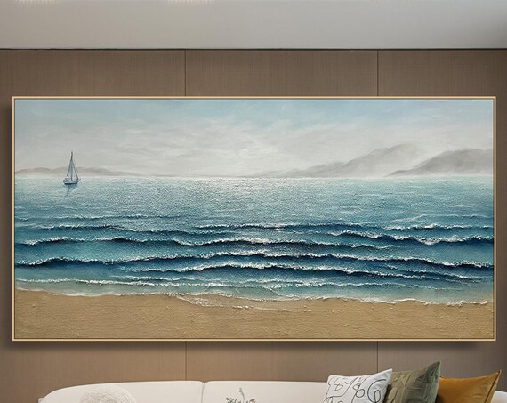 Calm Seascape With Lone Sailboat On Golden Sand Beach Poster