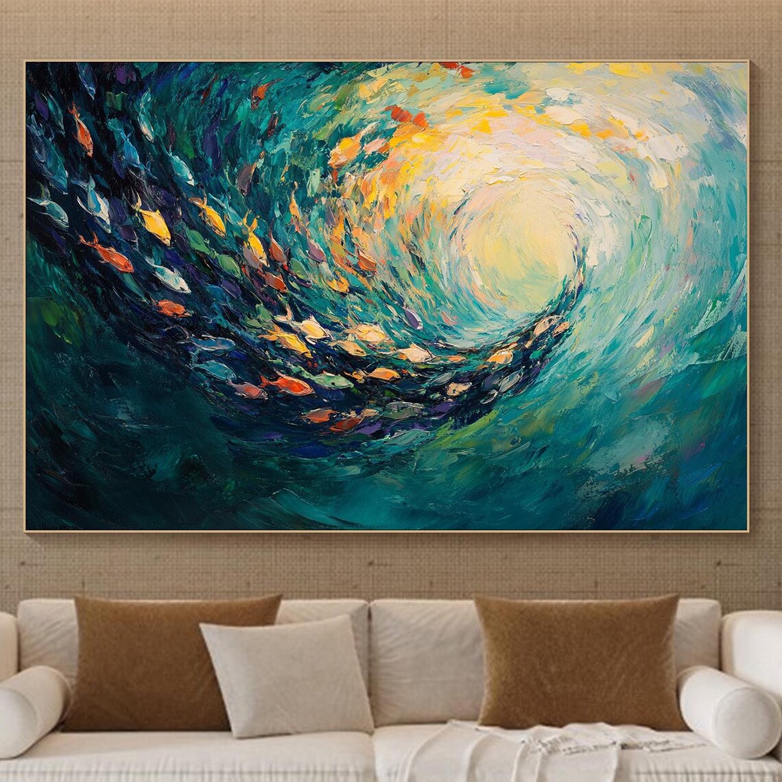 Fish Swarm Oil-Painting-Style Art Print, Ocean Abstract