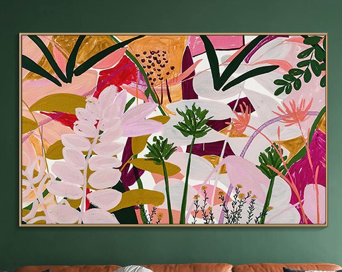 Original Colorful Flower Painting On Plant Painting Boho Modern Art Custom Wall Art Tropical Painting Living Room Wall Art Morden Art