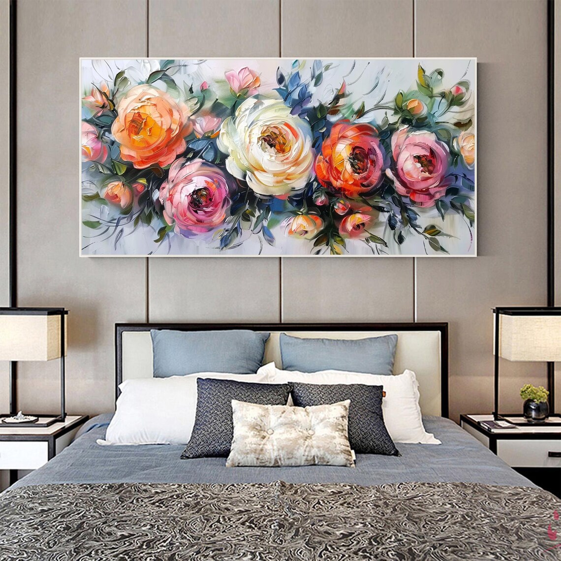 Bold Impasto Rose Bouquet on Teal Panoramic Oil Painting Art Print - Image 4