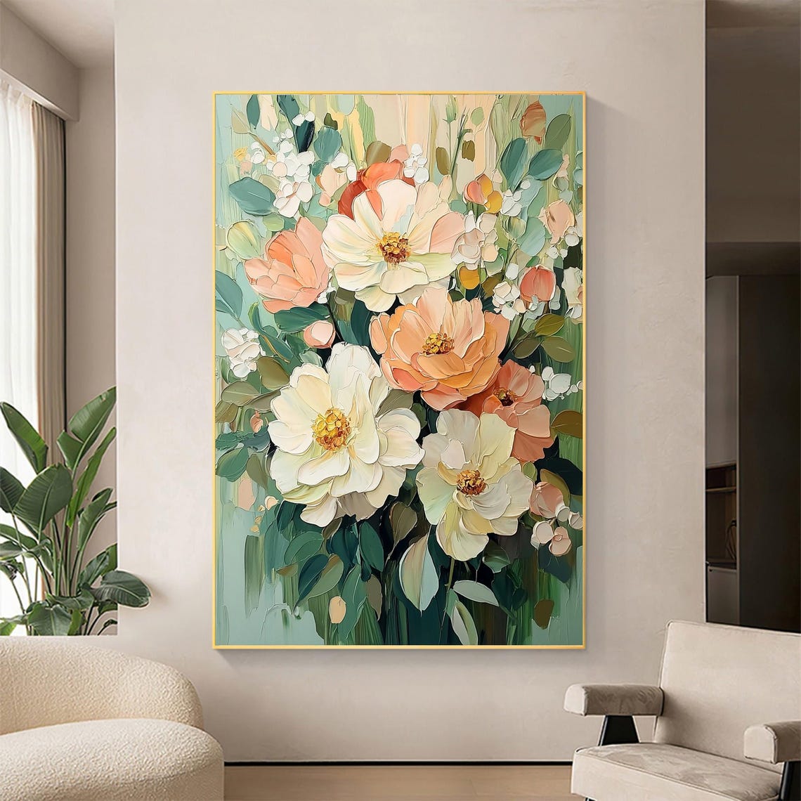 Soft Peach White Peony Blossoms Vertical Oil Painting Art Print