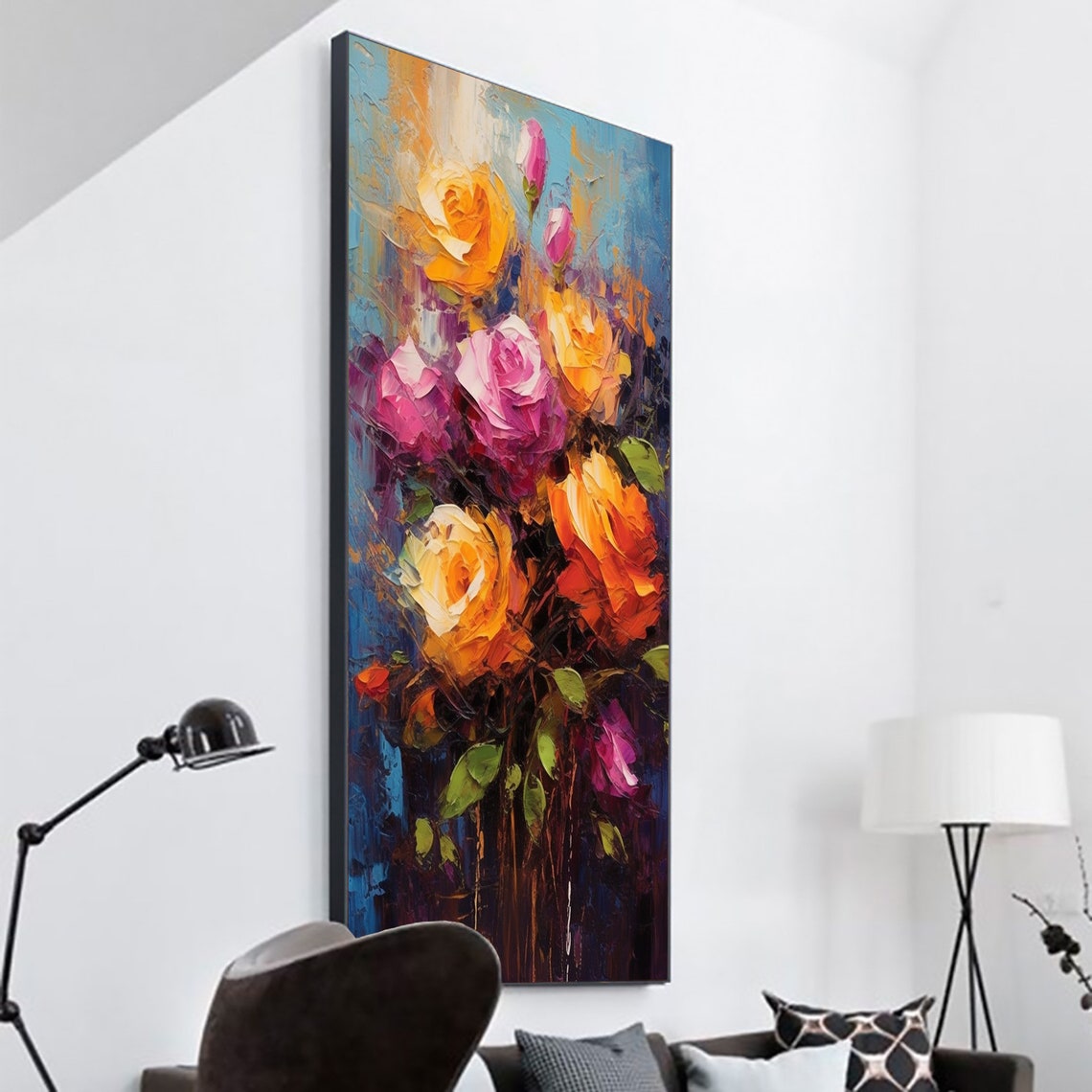 Fiery Orange Pink Roses Bouquet Vertical Oil Painting Art Print - Image 4