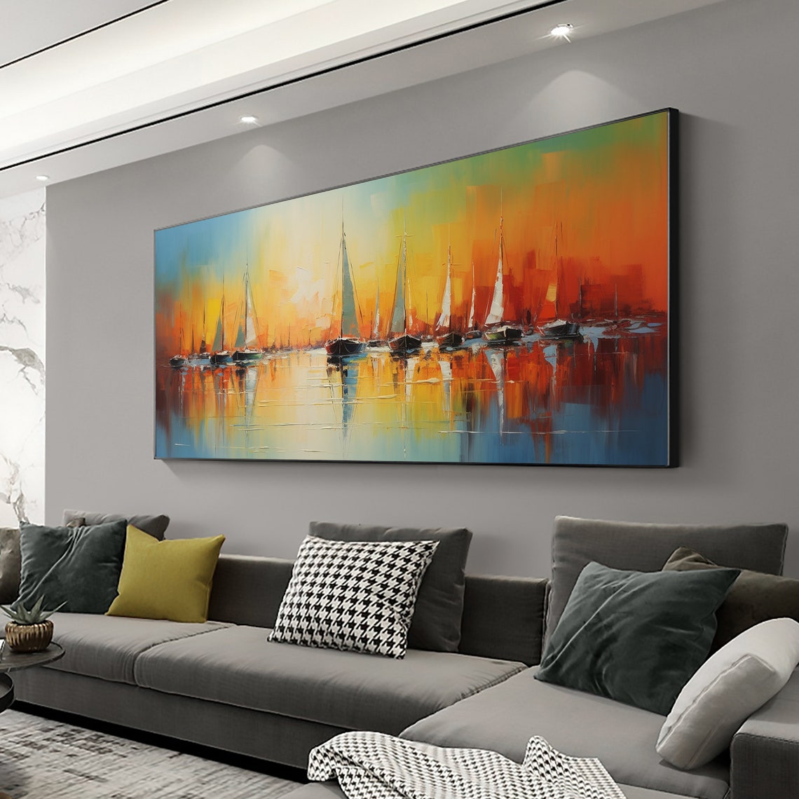 Sailboats at Sunset on Orange Sky Water Reflection Oil Poster - Image 3
