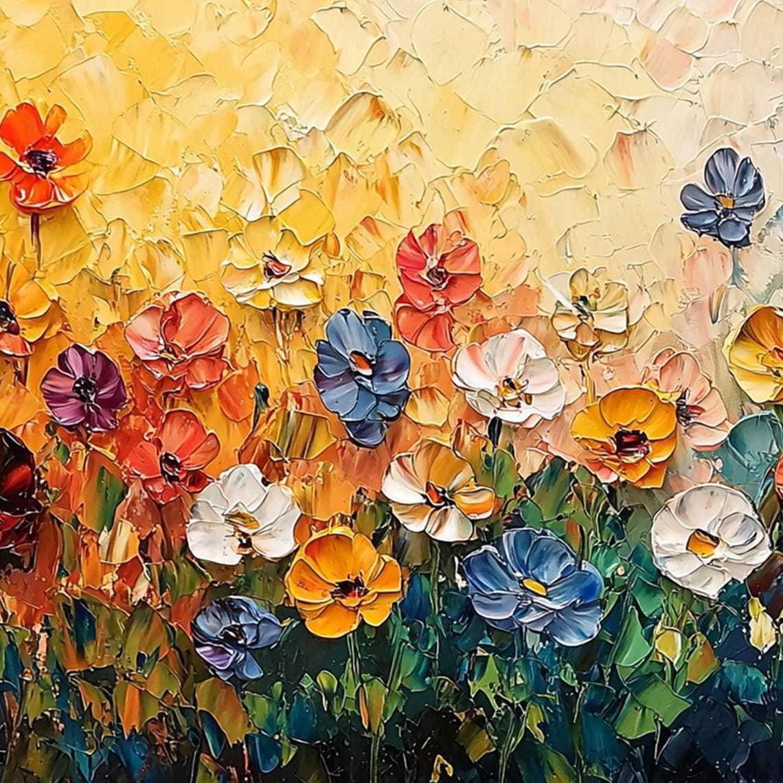 Multicolor Poppy Field Knife Texture Golden Teal Bloom Poster - Image 4