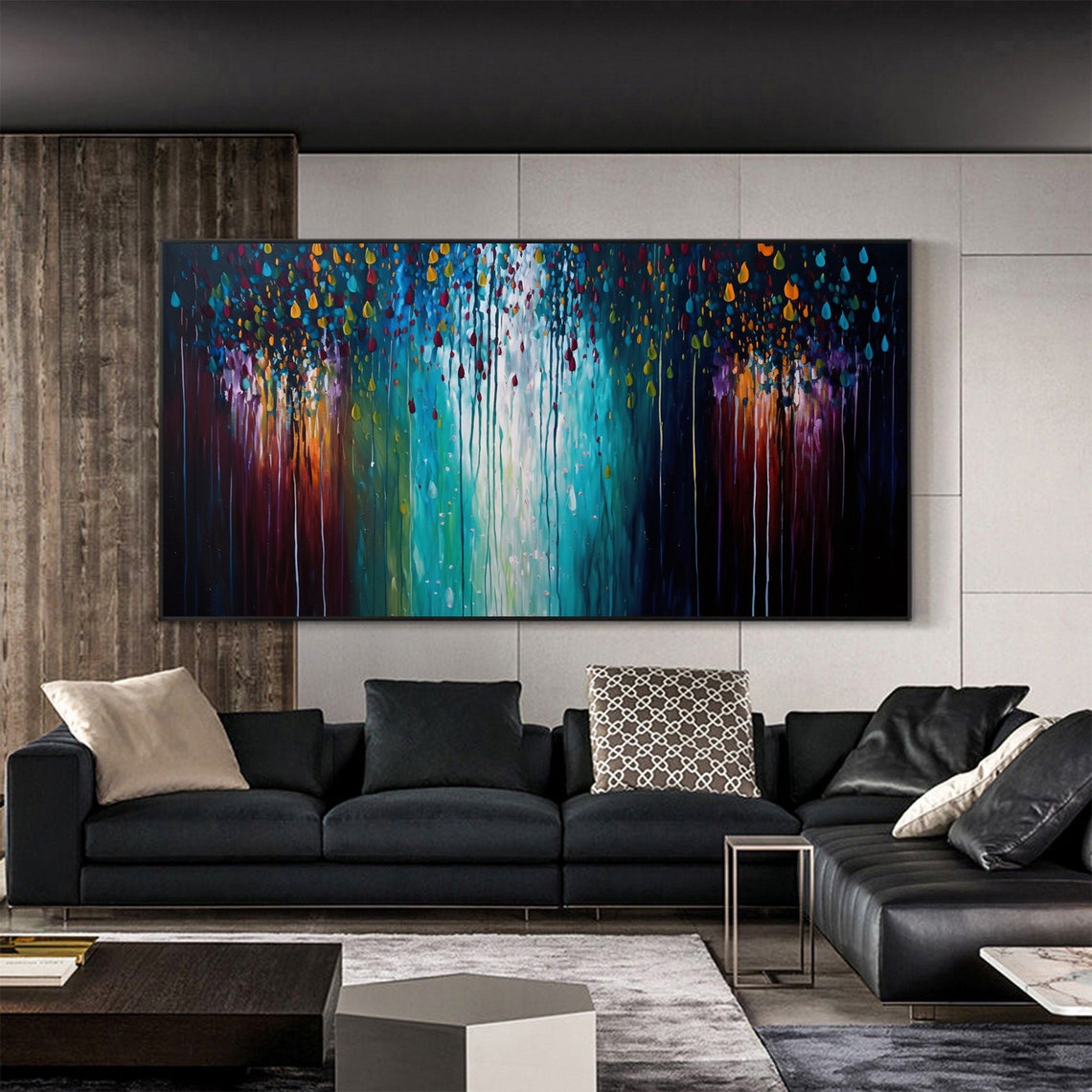 Colorful Falling Rain Abstract Panoramic Oil Painting Art Print - Image 5