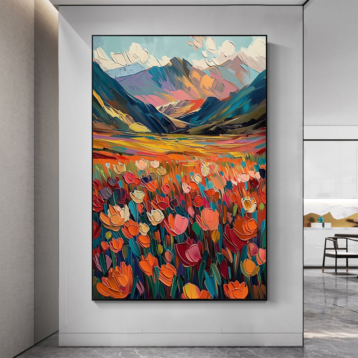 Colorful Tulip Meadow Blooming Before Majestic Mountain Peaks Poster - Image 3