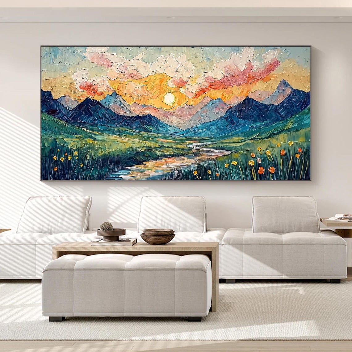 Colorful Sunset Mountain Valley River Meadow Poppy Field Poster - Image 2