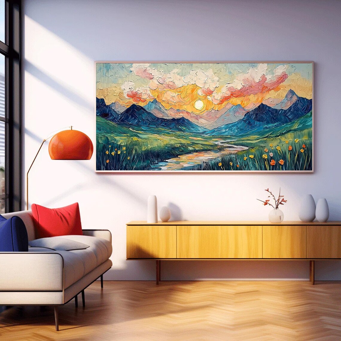 Colorful Sunset Mountain Valley River Meadow Poppy Field Poster - Image 3