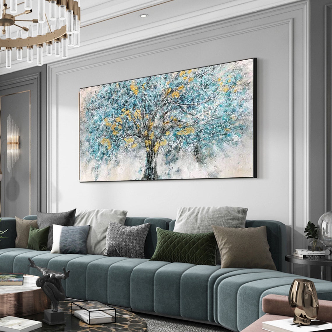 Teal Tree Golden Leaves Abstract Textured Wall Decor Oil Poster - Image 4