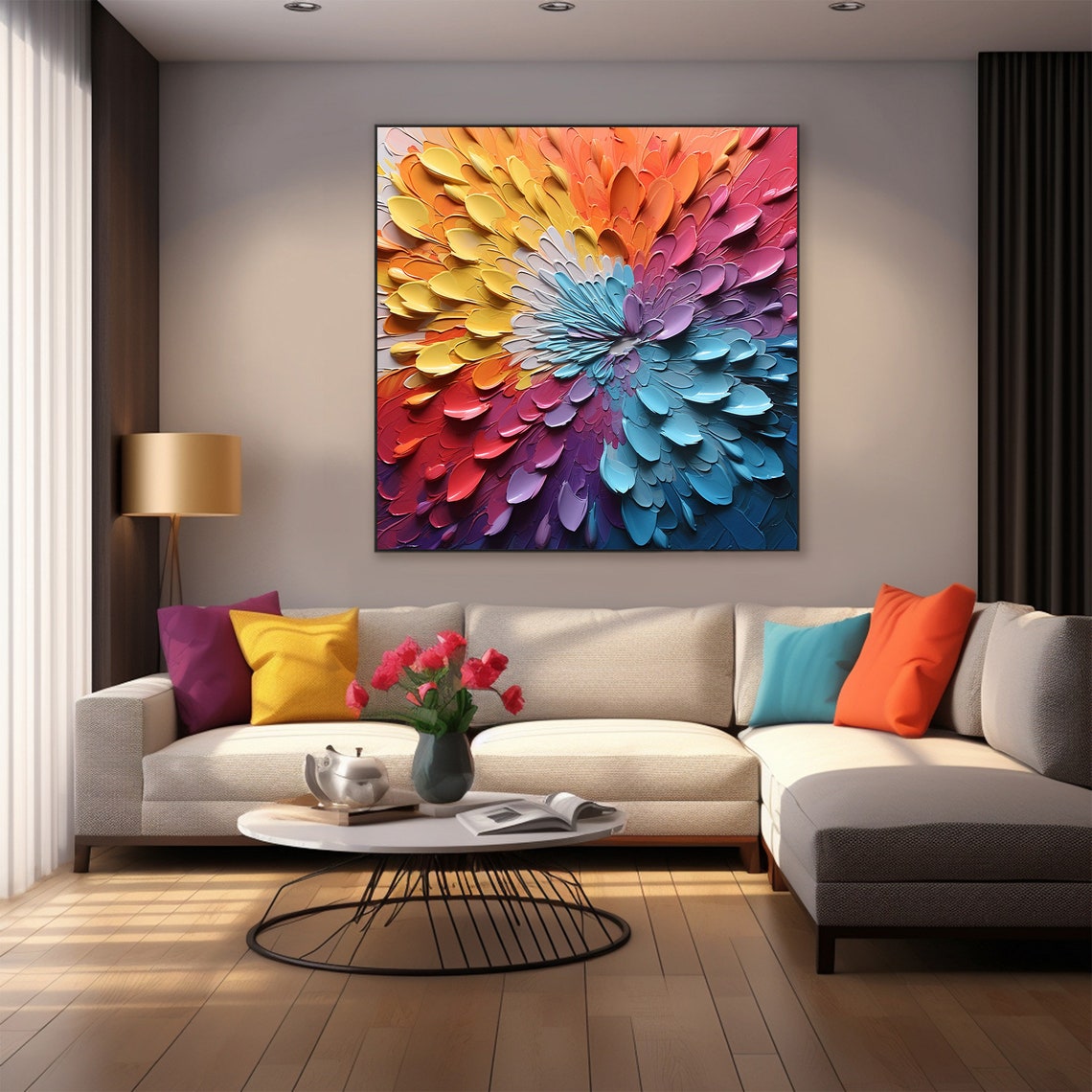 Rainbow Petal Burst 3D Palette Knife Textured Flower Abstract Poster - Image 6