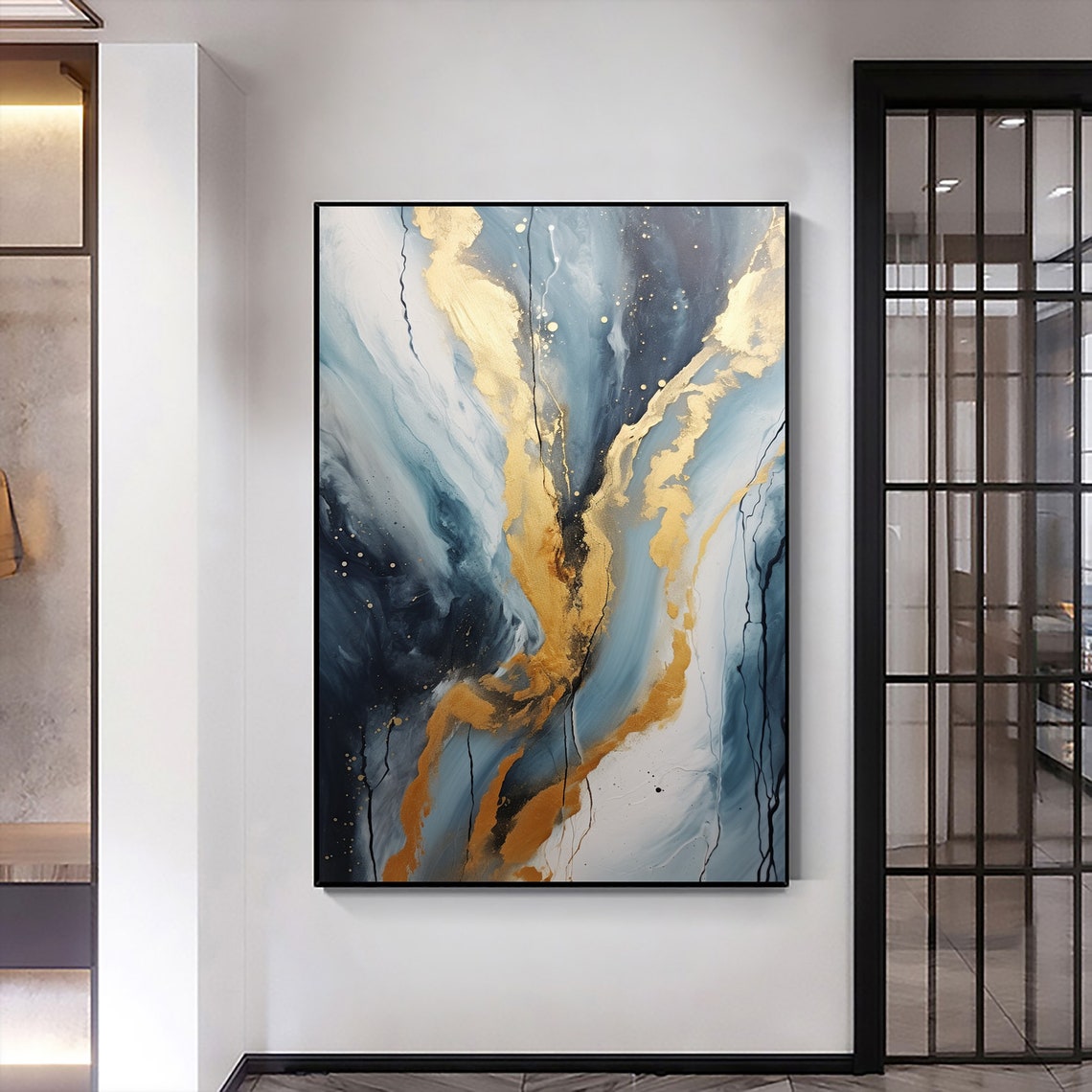 Blue Gray Gold Vein Marble Abstract Vertical Oil Painting Art Print - Image 6