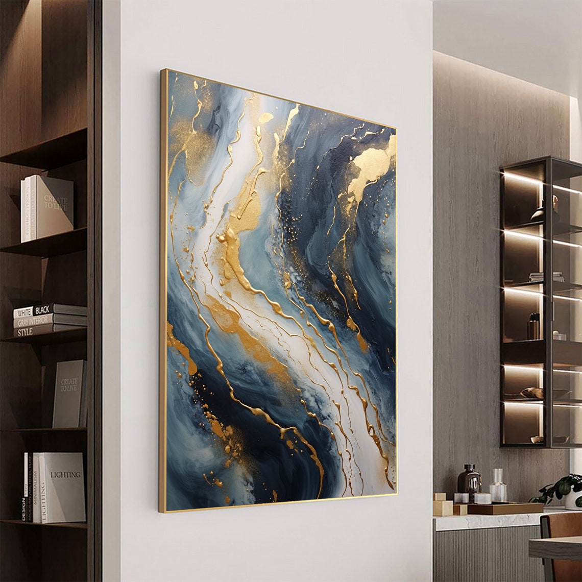 Navy Blue Marble Gold Veins Luxurious Abstract Modern Poster - Image 5