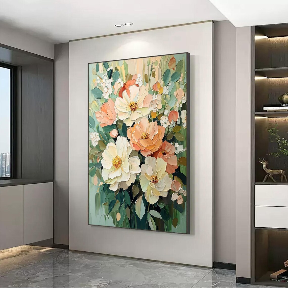 Soft Peach White Peony Blossoms Vertical Oil Painting Art Print - Image 3