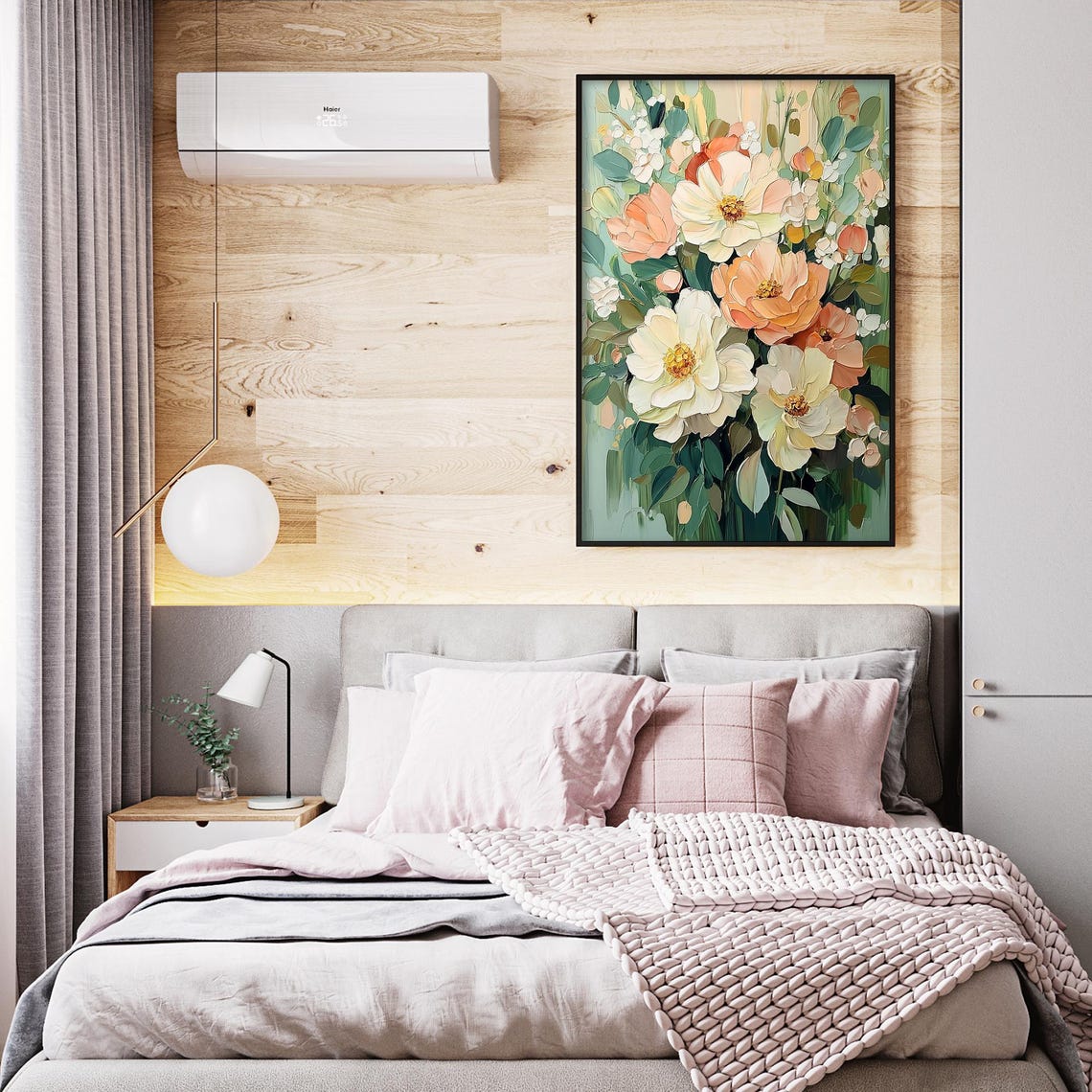 Soft Peach White Peony Blossoms Vertical Oil Painting Art Print - Image 5