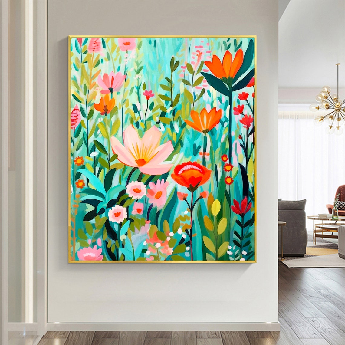 Colorful Wildflower Meadow on Teal Abstract Oil Painting Art Print - Image 5