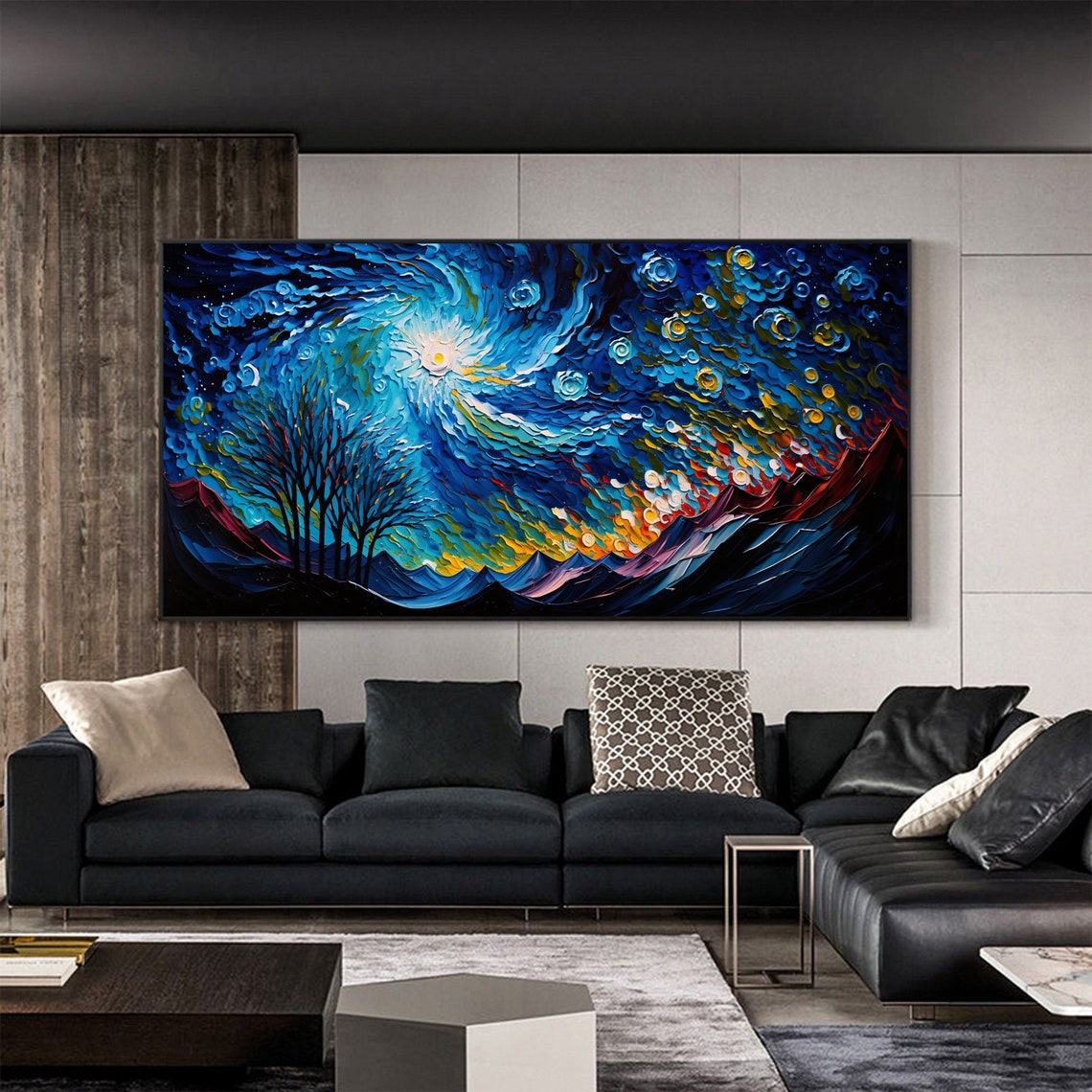 Starry Swirling Night Sky Over Mountain Landscape Impasto Poster - Image 5