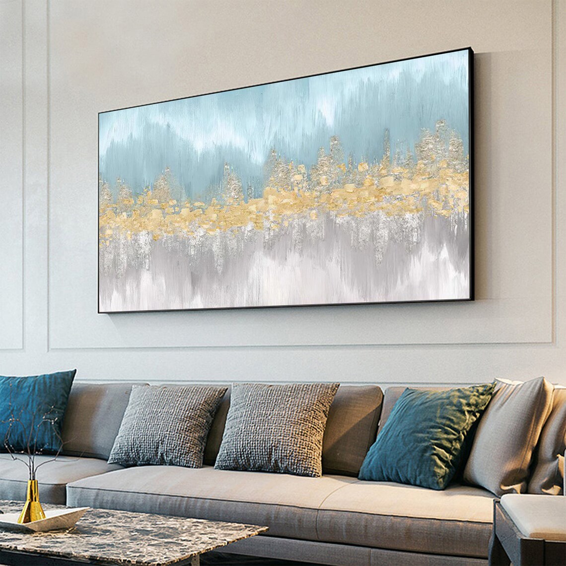 Gold Glitter Horizon Over Pale Blue Minimalist Oil Painting Art Print - Image 4