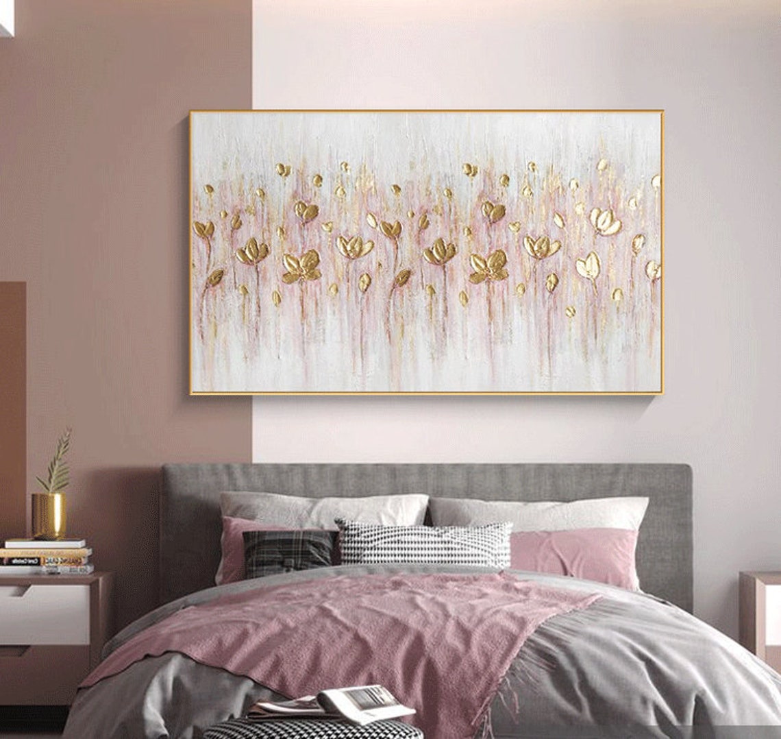 Gold Leaf Blossom Floral Oil Painting On Gold Flower Art Hand Painted Texture Painting Palette Knife Painting Living Room Wall Art - Image 5
