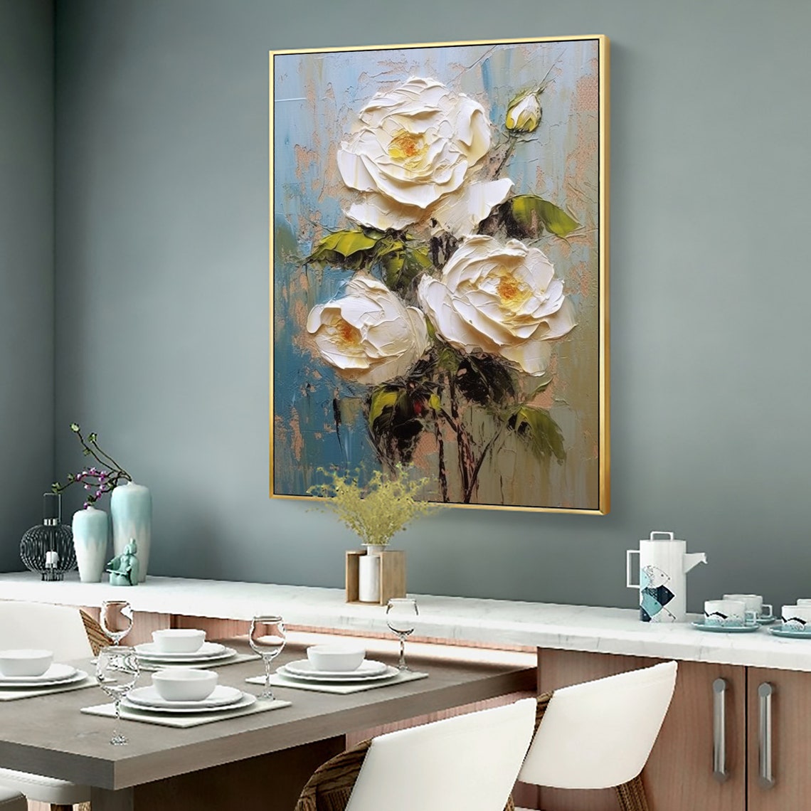 White Impasto Roses Blooming on Textured Blue Background Poster - Image 3