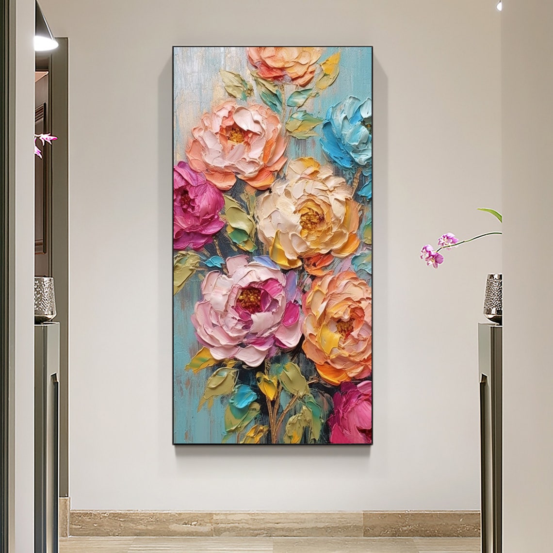 Lush Peony Bouquet Bursting in Pink and Peach on Teal Poster - Image 2
