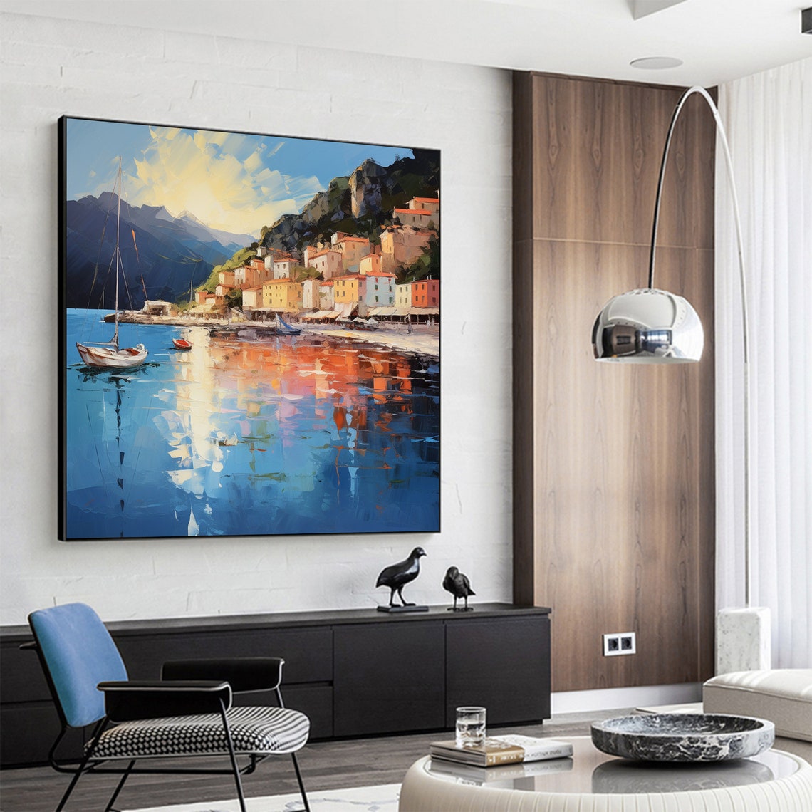 Mediterranean Coastal Village Harbor Sailboat Blue Water Poster - Image 4