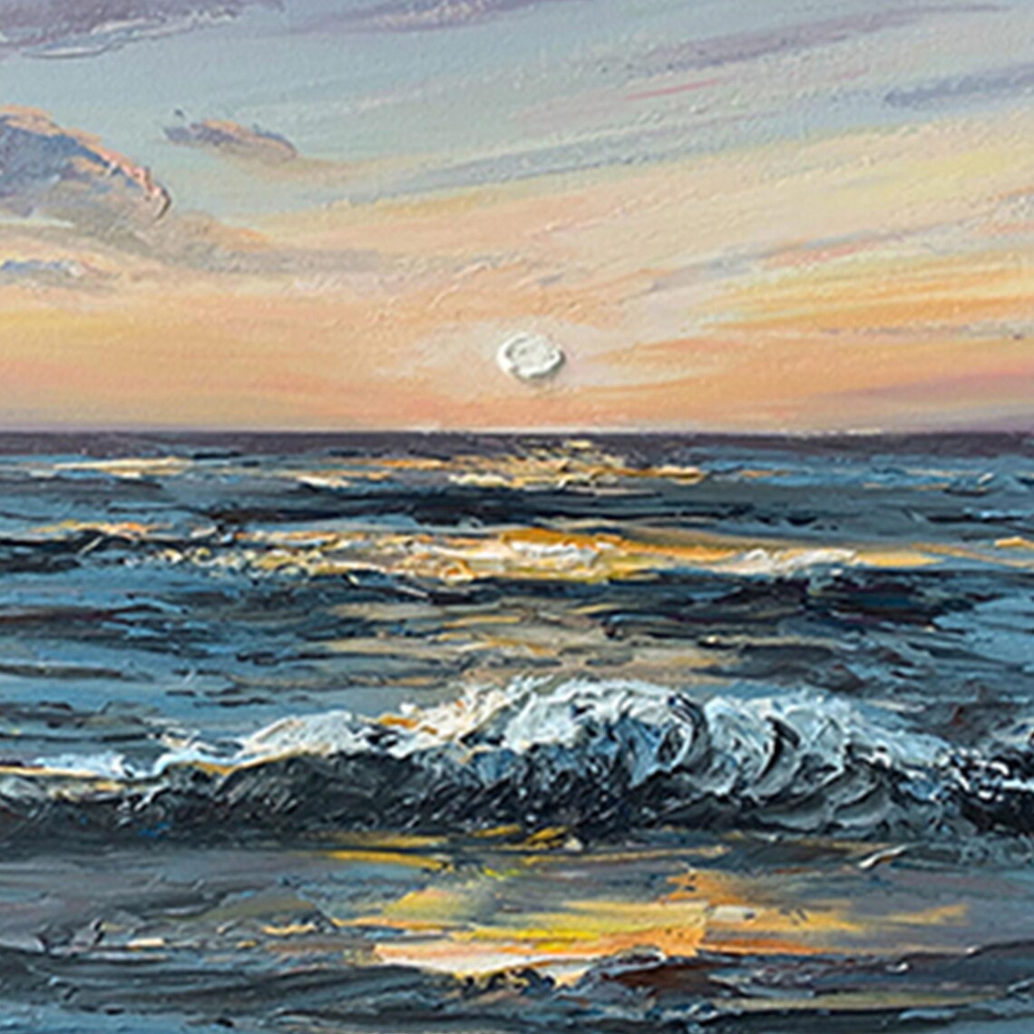 Sunset Ocean Waves Moonrise Textured Seascape Oil Painting Poster - Image 4