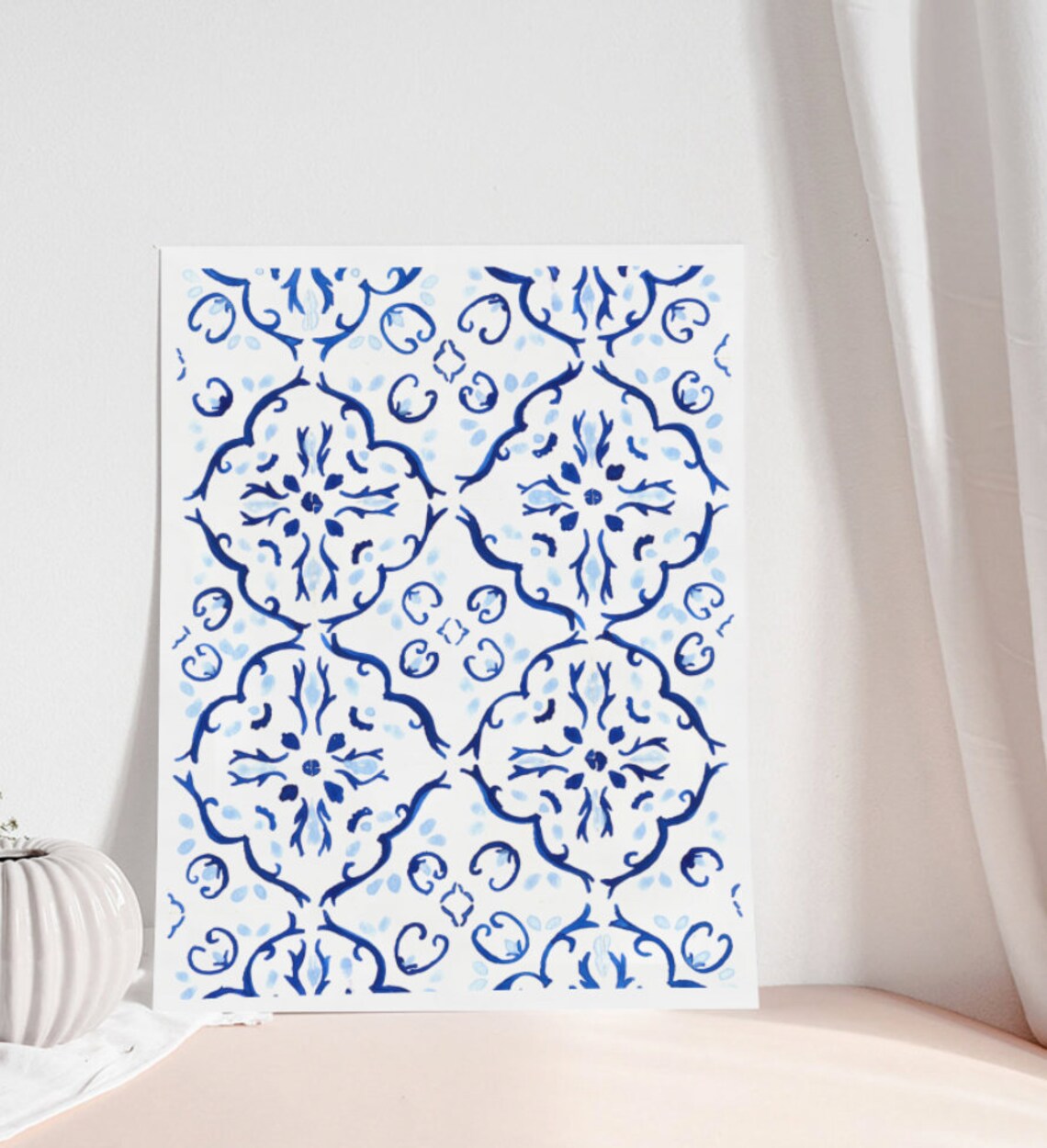 Portuguese Tiles Art Print, Blue Watercolor Pattern - Image 2