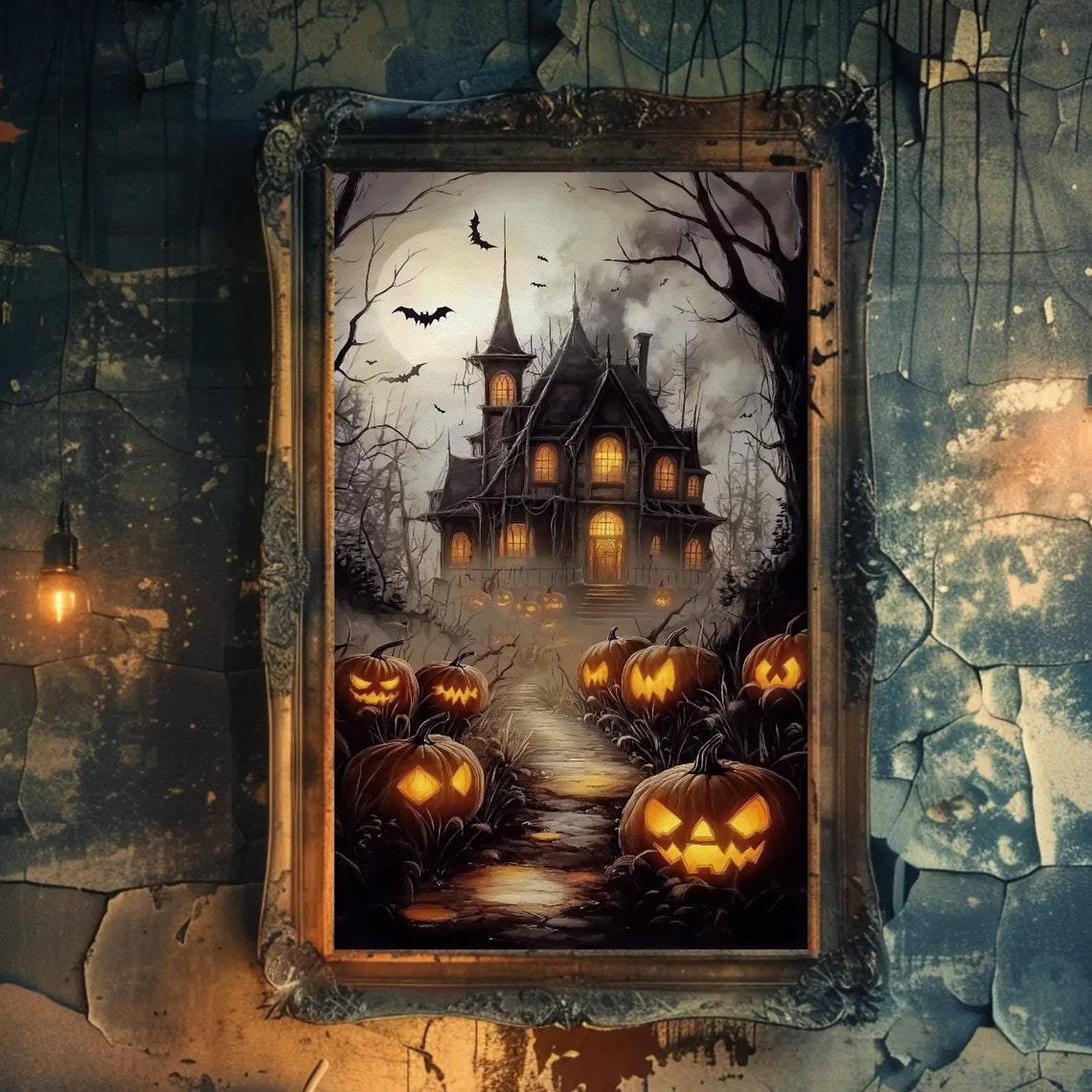 Haunted House Pumpkin Trail Mist Ornate Gothic Halloween Poster