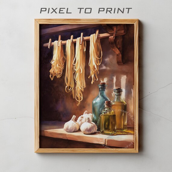 Rustic Italian Kitchen Still Life Hanging Pasta Garlic Olive Oil Print
