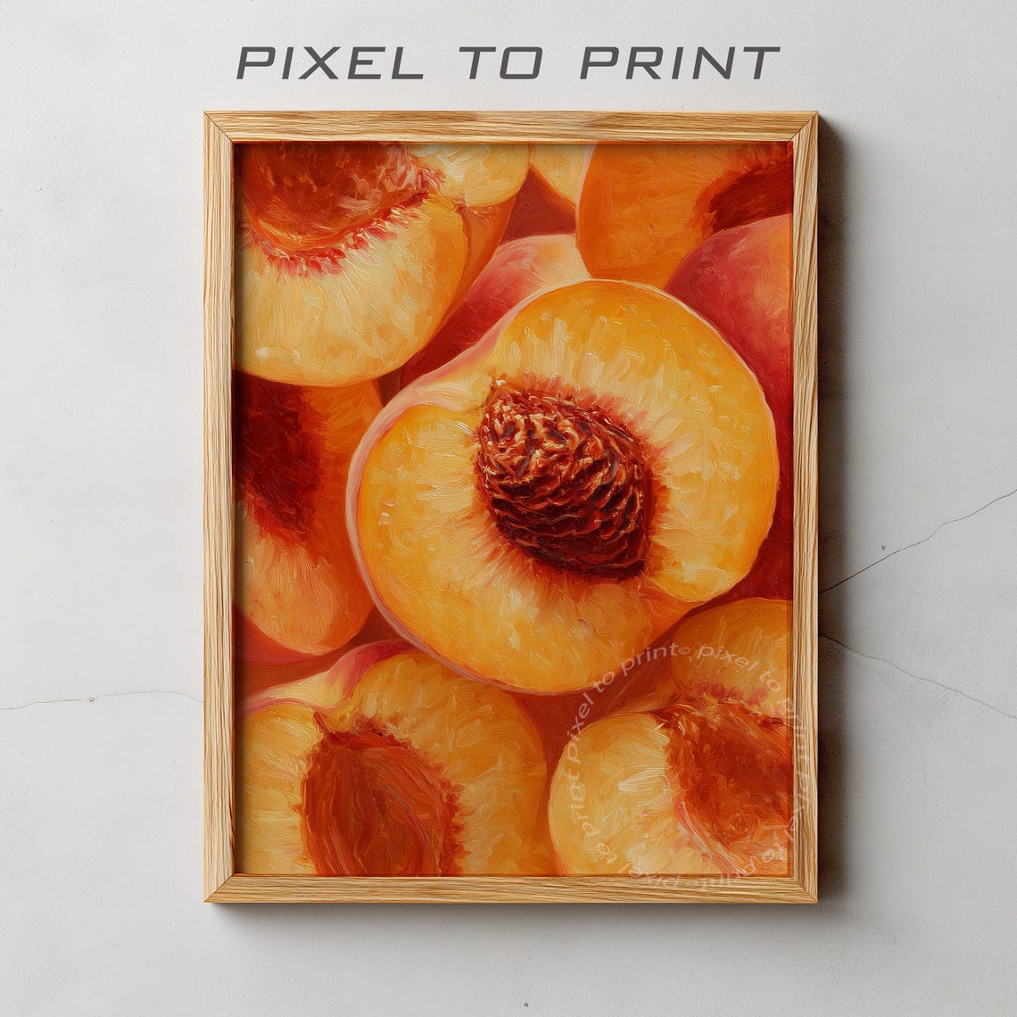 Ripe Peach Halves Close Up Juicy Oil Painting Kitchen Poster