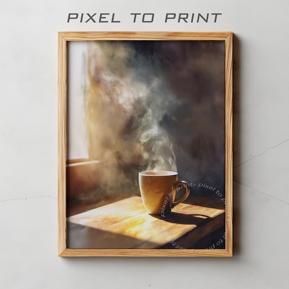 Steaming Coffee Mug Sunlit Windowsill Kitchen Watercolor Art Print