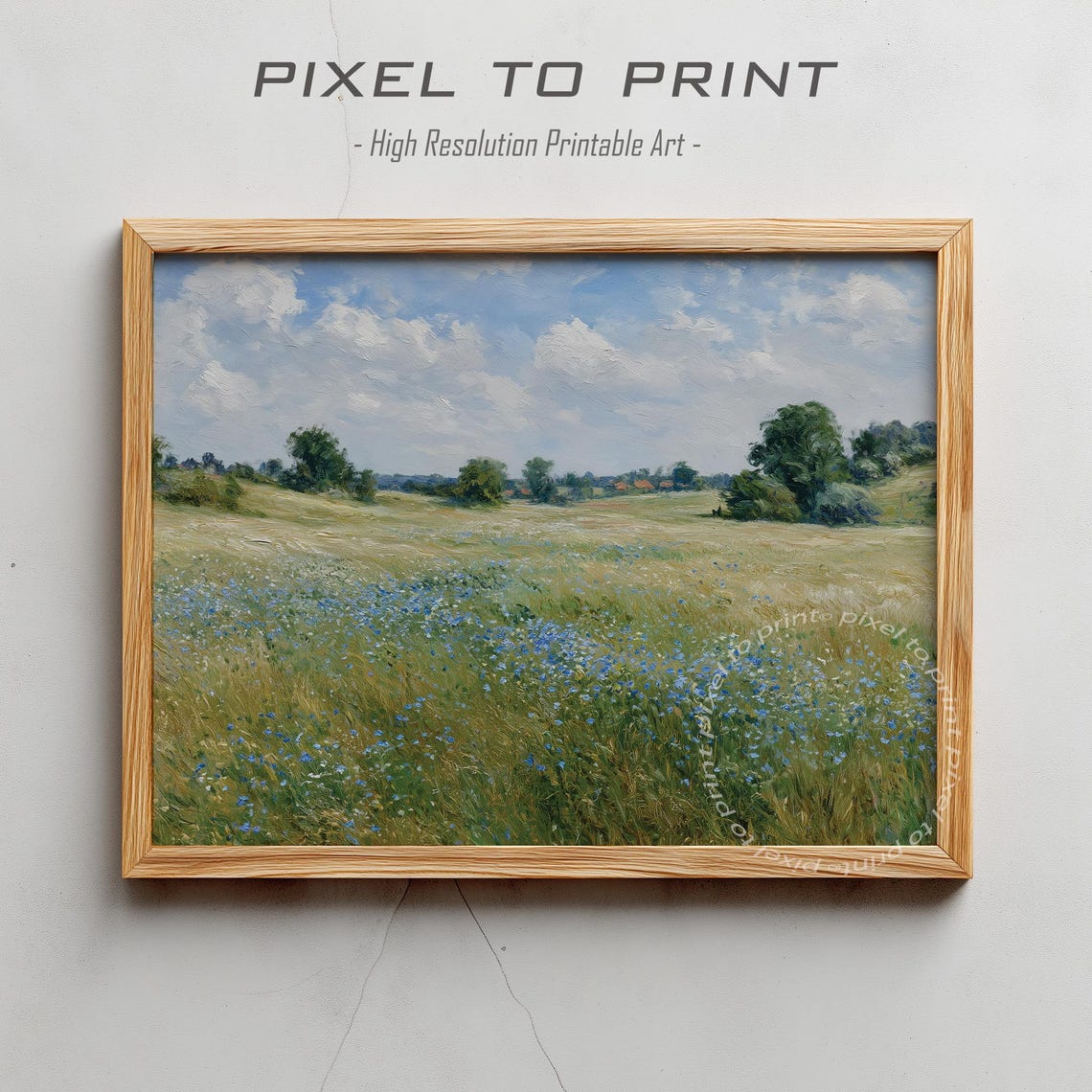 Blue Wildflowers Meadow Landscape Painting Serene Nature Art Print