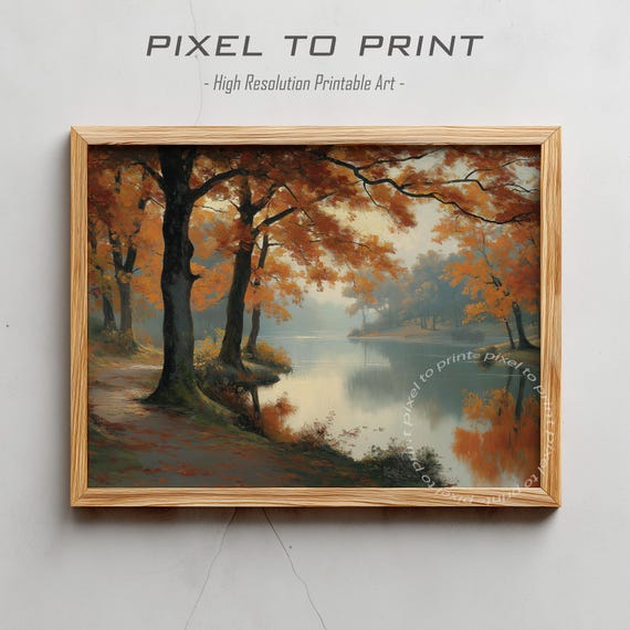 Vintage Autumn Lake Landscape Fall Forest Wall Art Muted Rustic Farmhouse Decor
