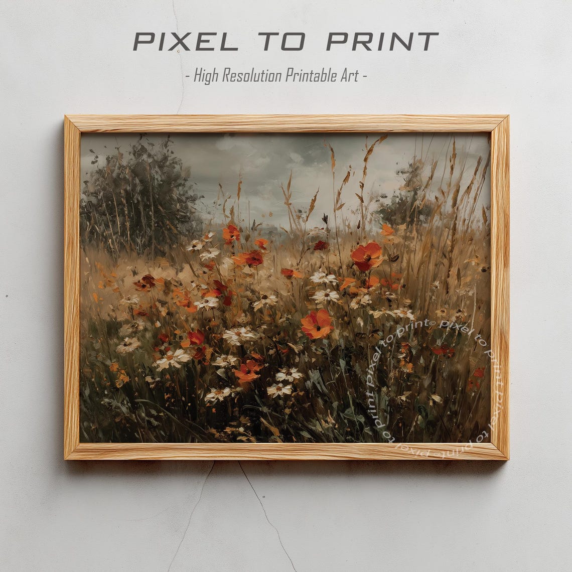 Wildflower Meadow Poppies and Daisies Muted Vintage Floral Poster