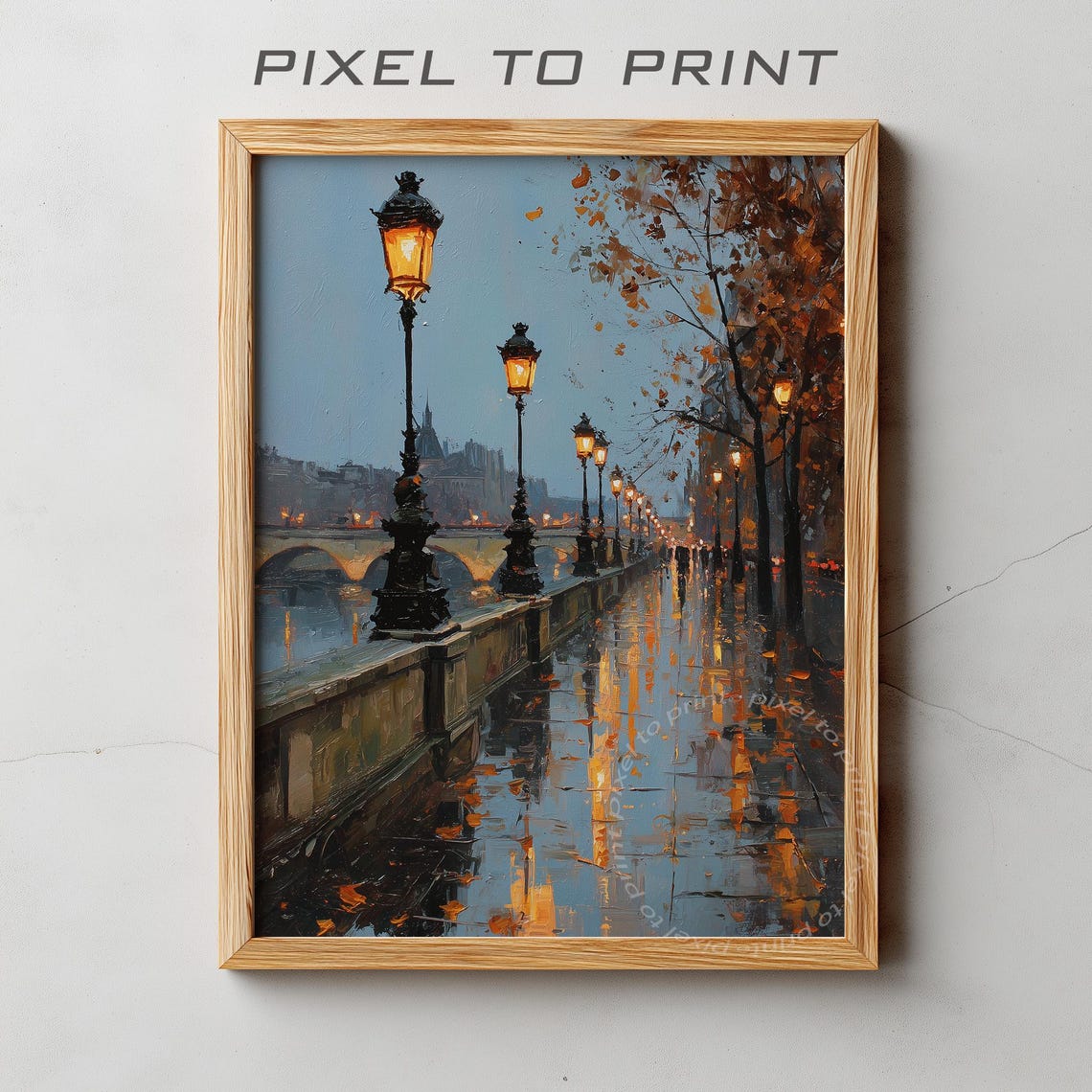 Rainy Autumn Evening Bridge with Glowing Street Lamps Oil Poster