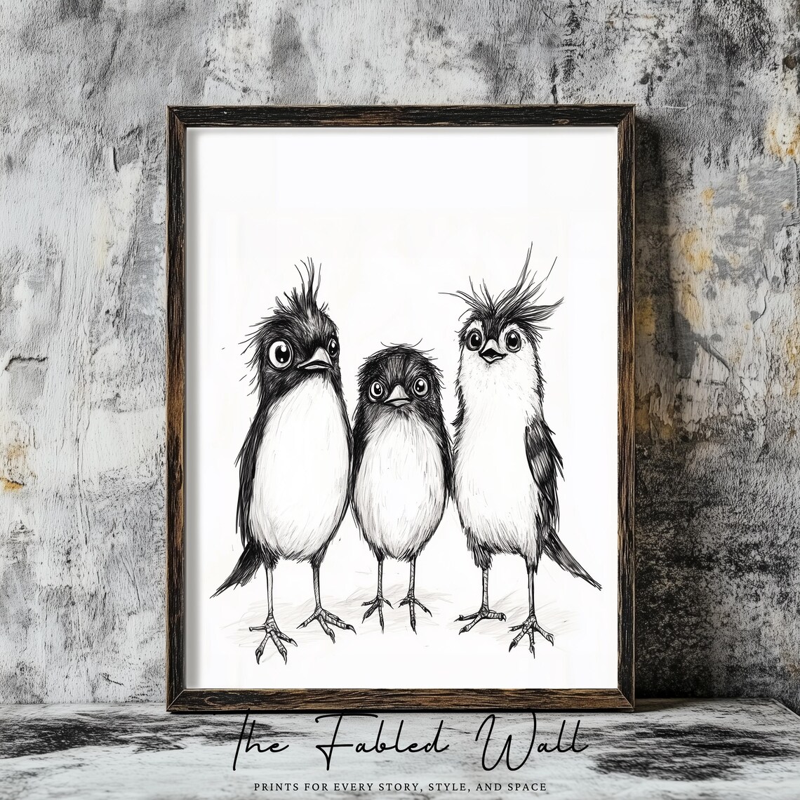 The Quirky Trio, Whimsical Black White Birds Art Print