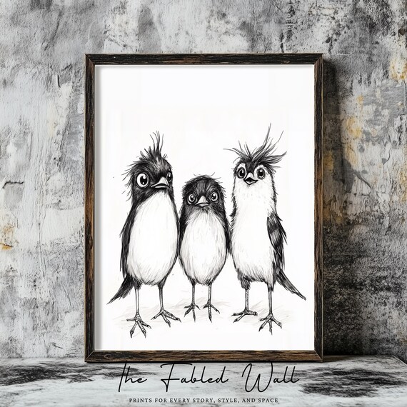 The Quirky Trio, Whimsical Black White Birds Art Print