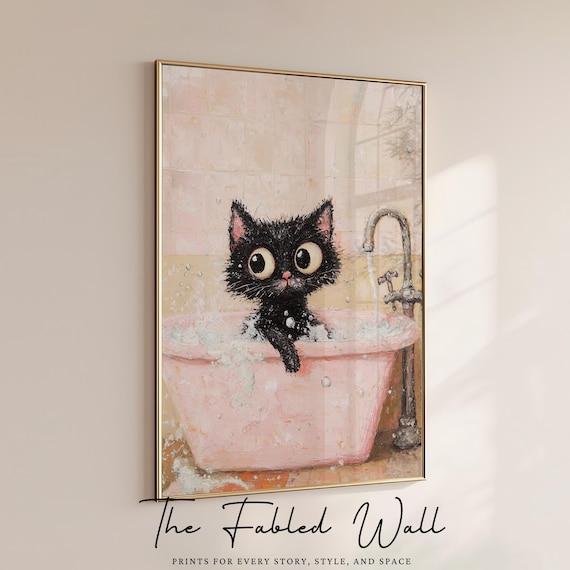 Bubble Trouble Cat Art, Whimsical Bath Decor