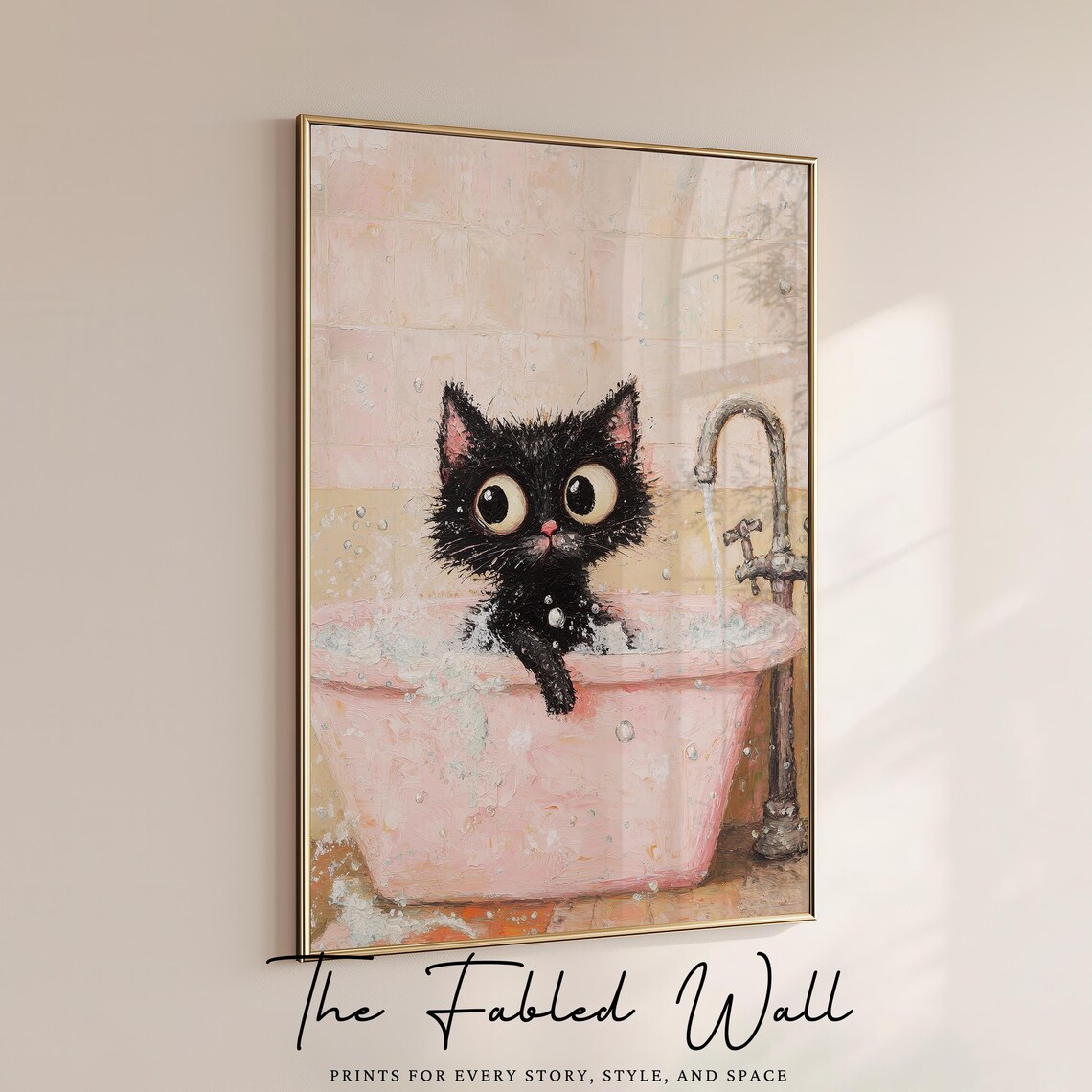 Bubble Trouble Cat Art, Whimsical Bath Decor