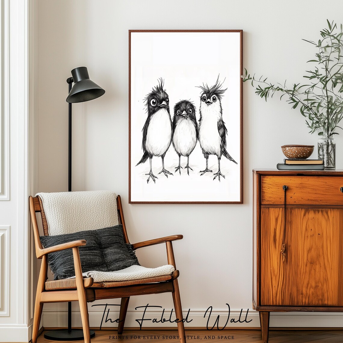 The Quirky Trio, Whimsical Black White Birds Art Print - Image 3