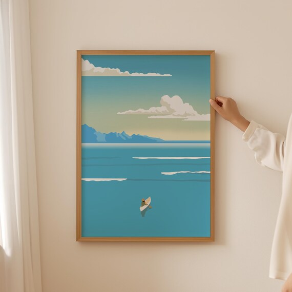 Surfer With Board Turquoise Ocean Island Minimalist Art Poster