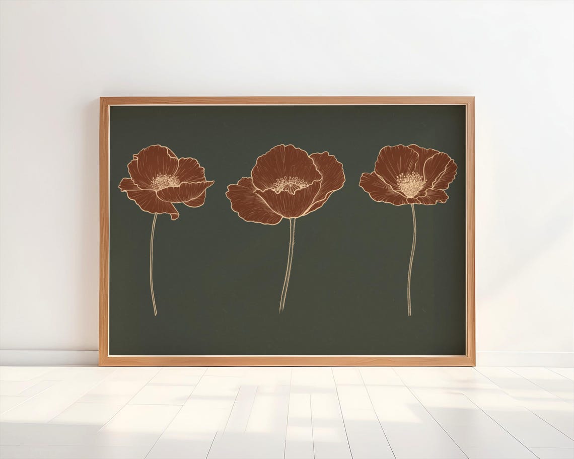 Terracotta Poppy Trio Dark Green Minimalist Floral Wall Poster - Image 3