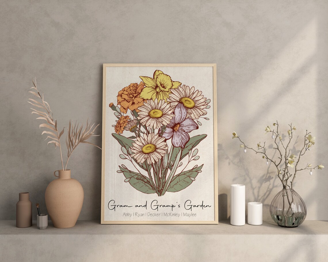Grandmas Garden Birth Flower Art Print, Antique Floral - Image 2