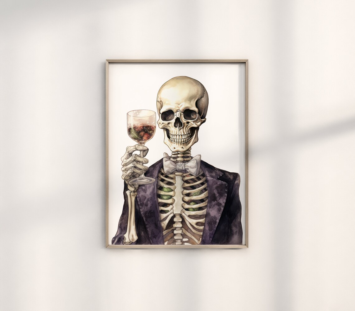 Dapper Skeleton Drinking Wine Watercolor Dark Academia Halloween Poster