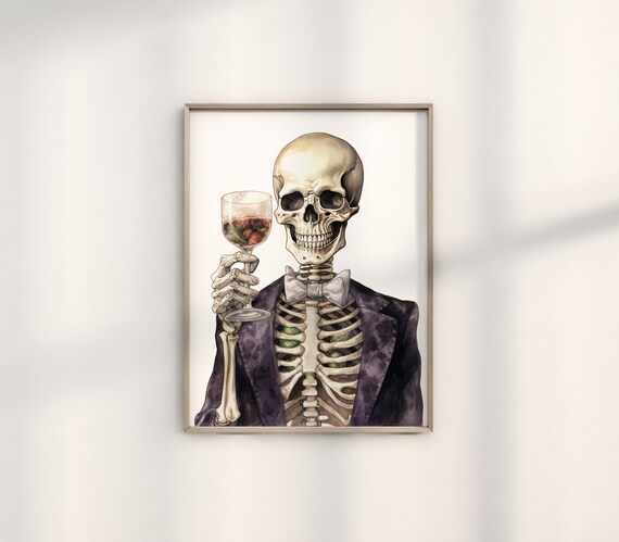 Dapper Skeleton Drinking Wine Watercolor Dark Academia Halloween Poster